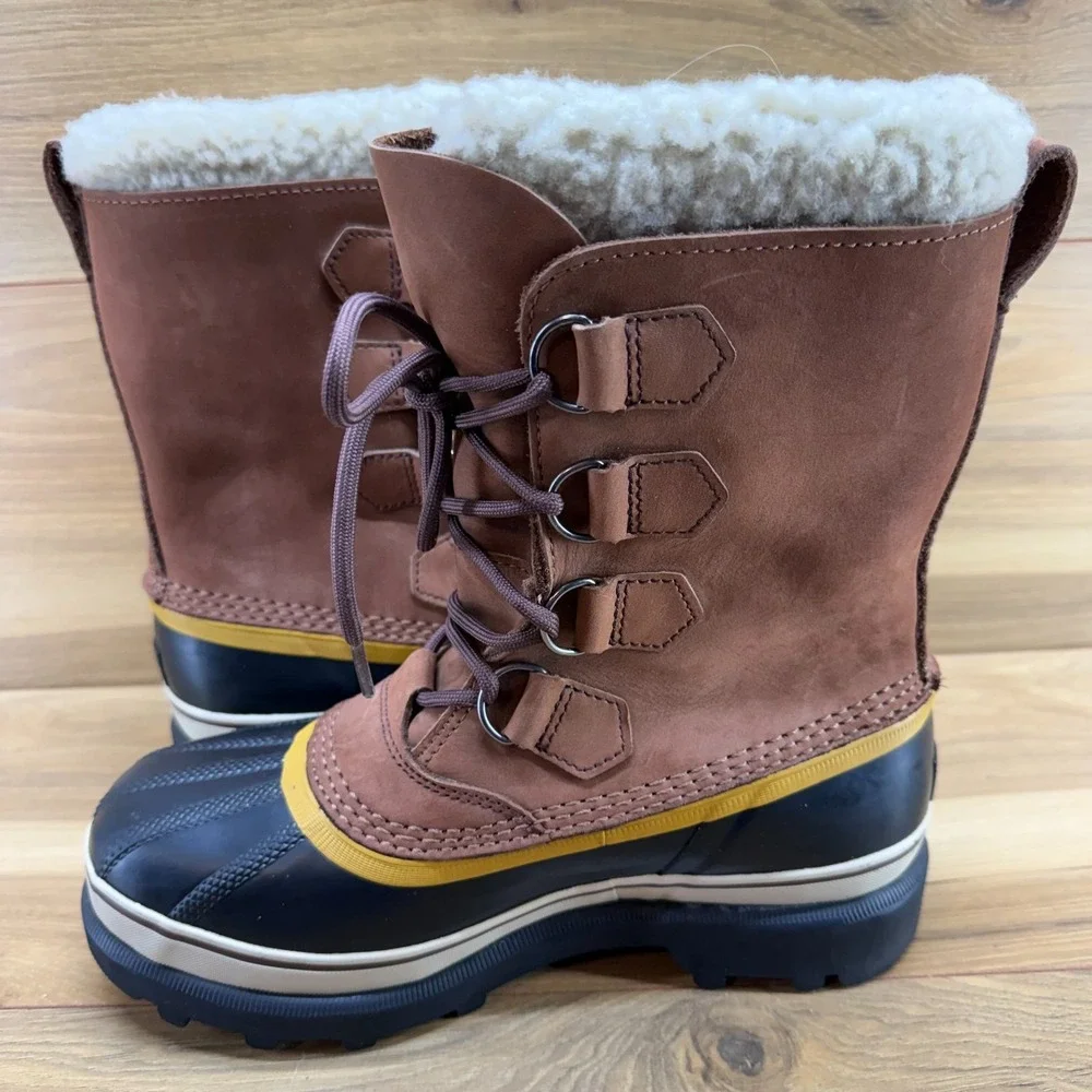 Sorel Caribou Snow Boots Womens 7.5 Rust Brown Nubuck Sherpa Apres Ski Lug Sole